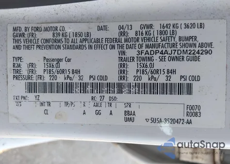 2013 Ford Fiesta S z USA, uszkodzony, nr VIN 3FADP4AJ7DM224290